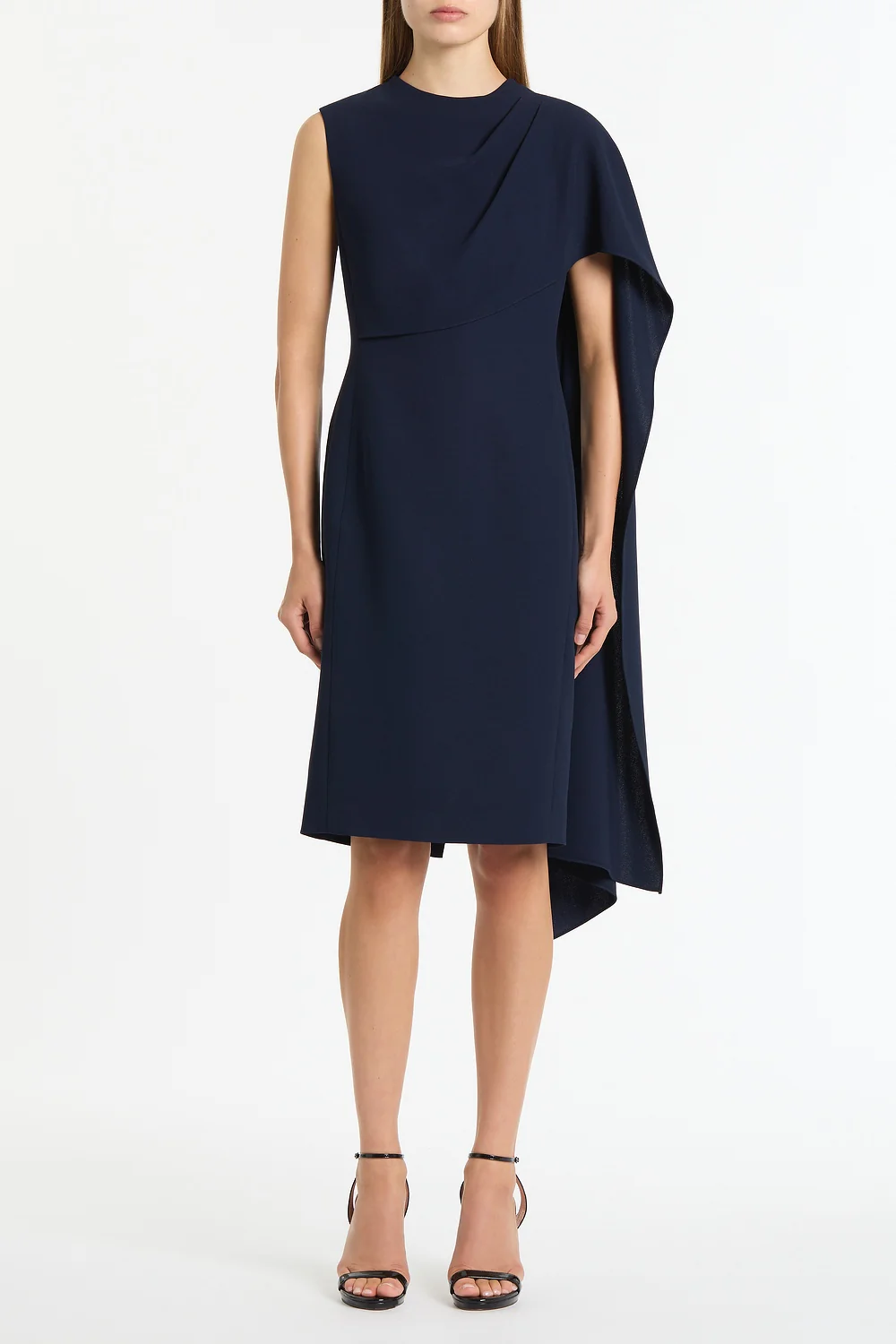 NAVY CREPE CASCADE DRESS
