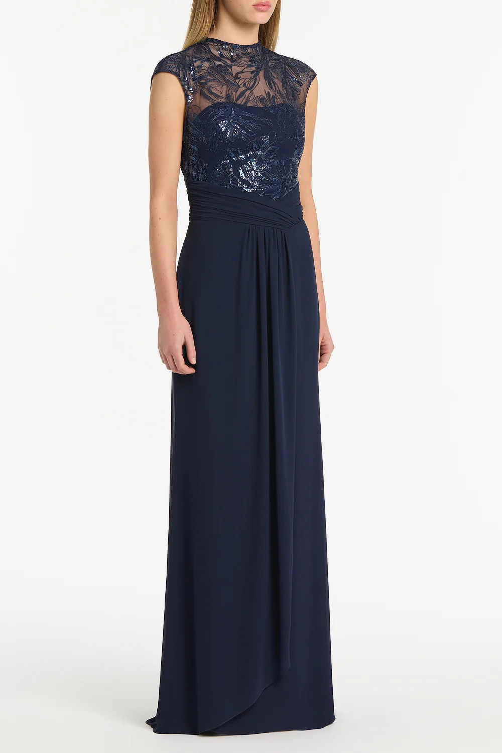 NAVY FLORAL MESH DRAPE GOWN - Image 2