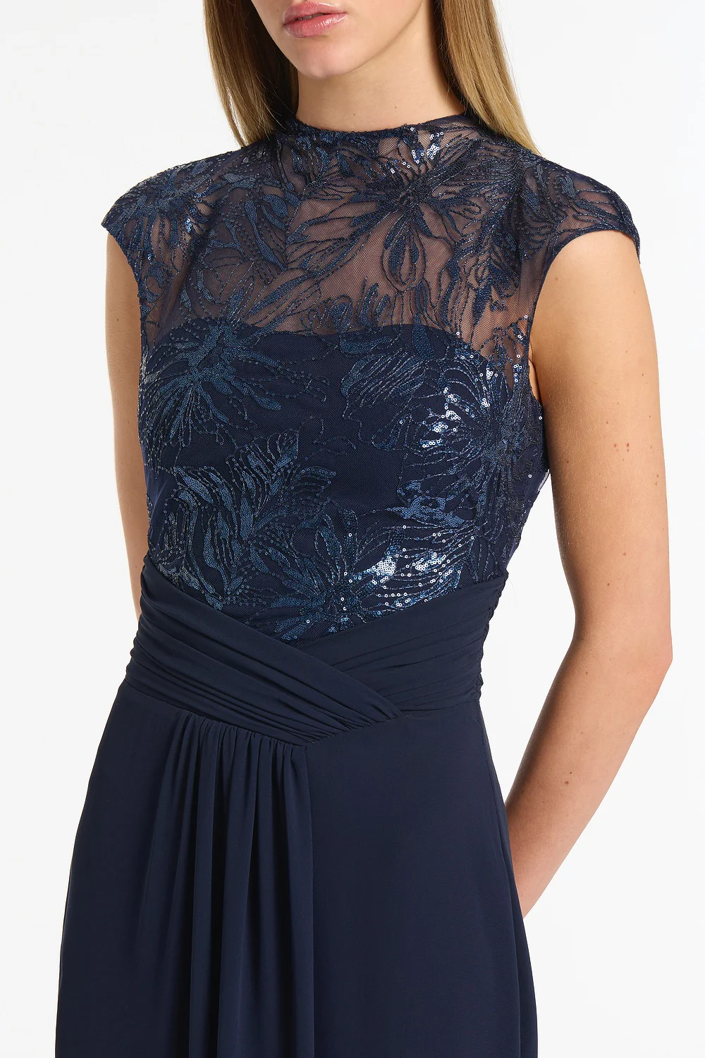 NAVY FLORAL MESH DRAPE GOWN - Image 4