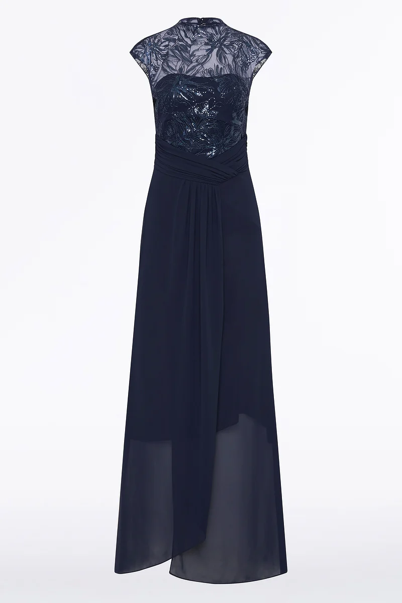 NAVY FLORAL MESH DRAPE GOWN - Image 5