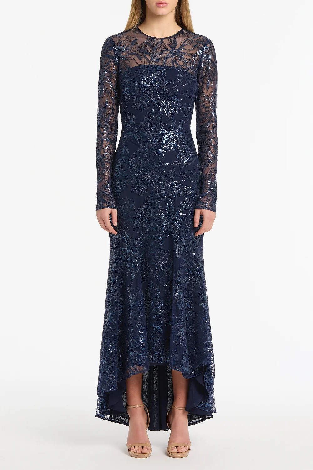 NAVY FLORAL MESH LONG SLEEVE GOWN