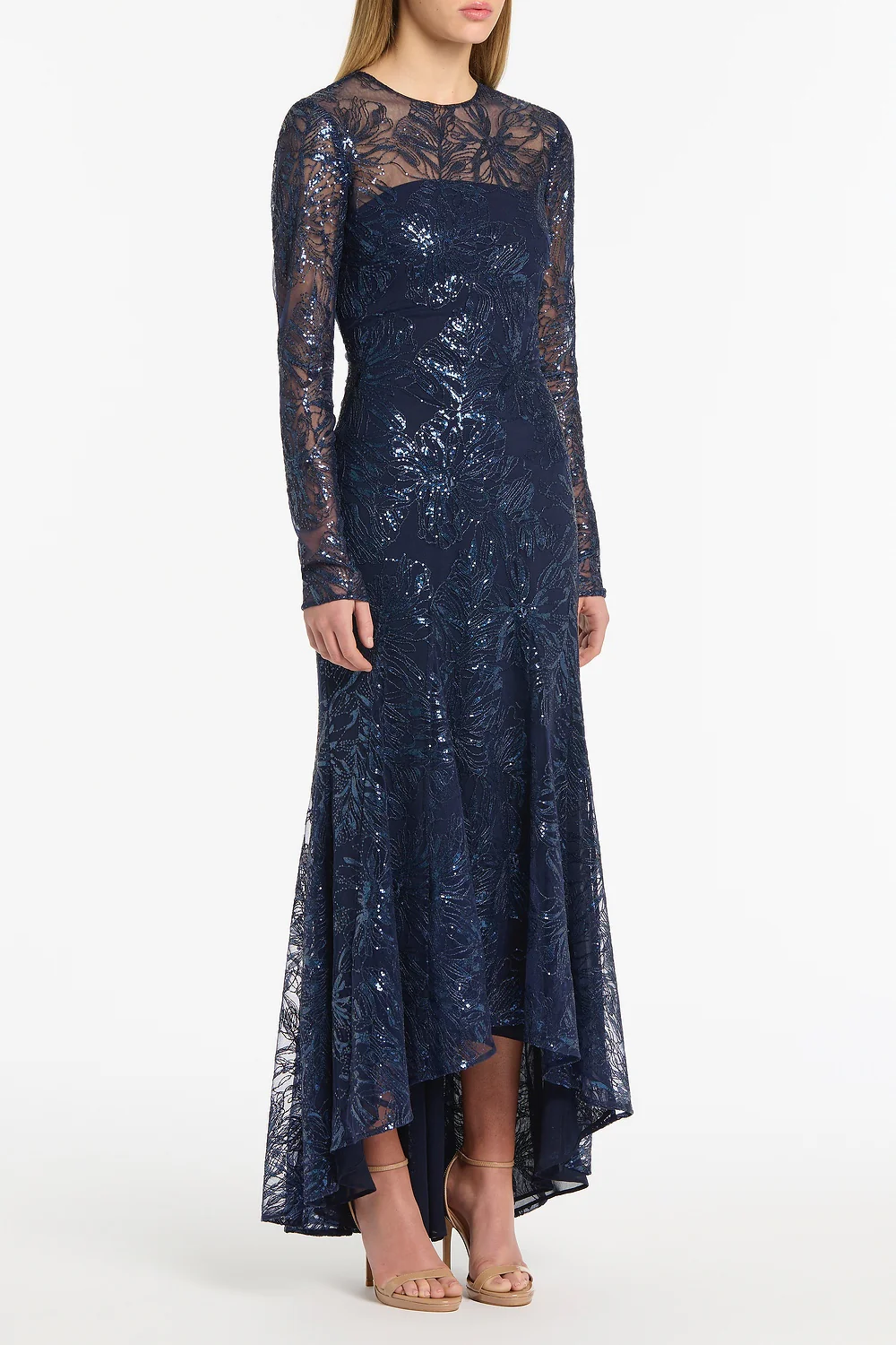 NAVY FLORAL MESH LONG SLEEVE GOWN - Image 2