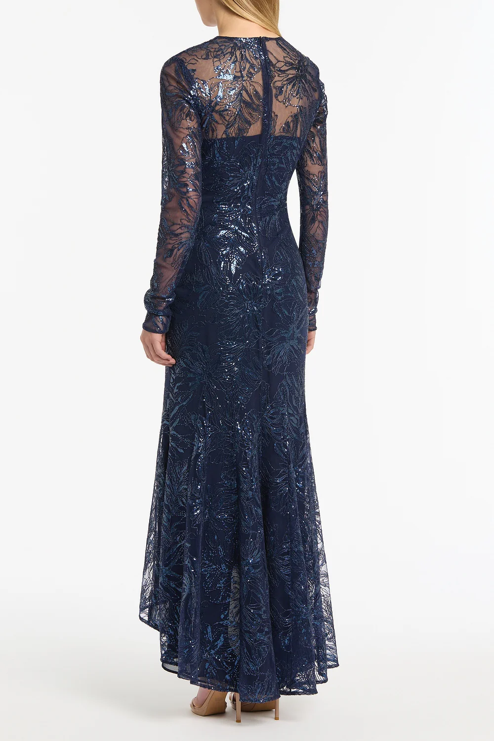NAVY FLORAL MESH LONG SLEEVE GOWN - Image 3