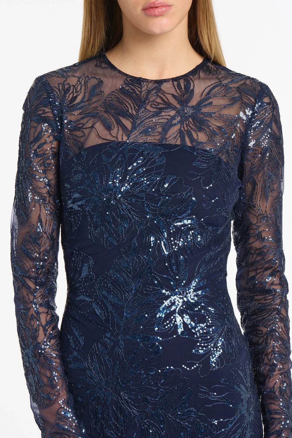 NAVY FLORAL MESH LONG SLEEVE GOWN - Image 4