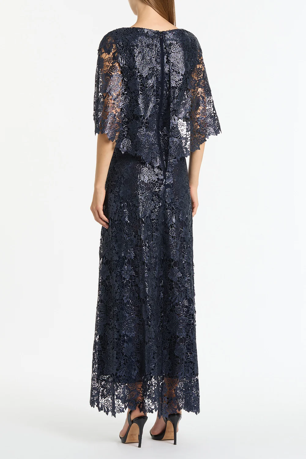 NAVY FOILED LACE CAPE GOWN - Image 2