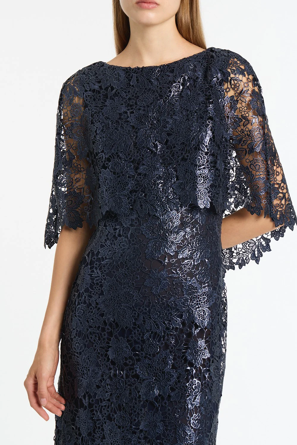 NAVY FOILED LACE CAPE GOWN - Image 4