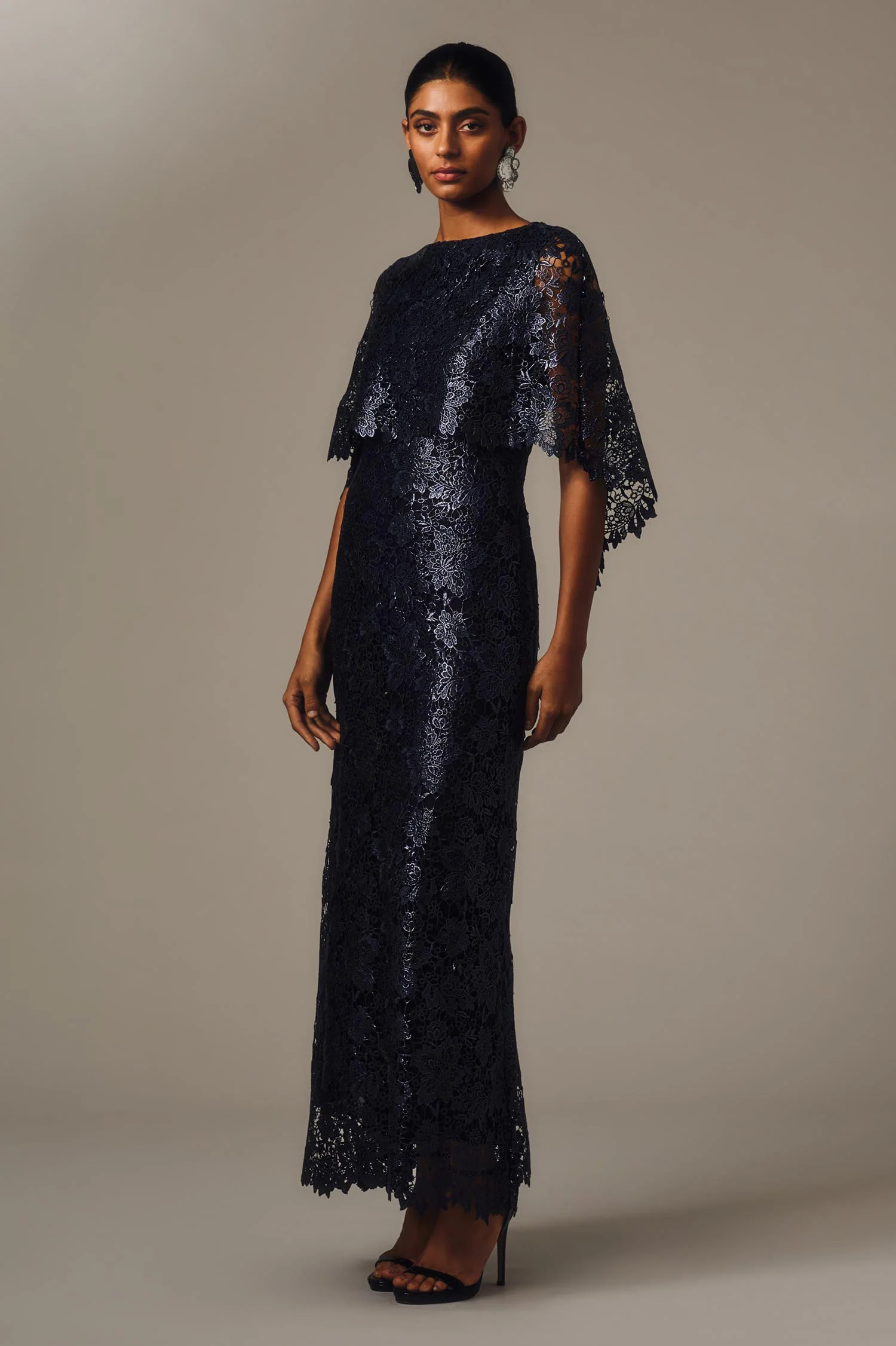 NAVY FOILED LACE CAPE GOWN - Image 5
