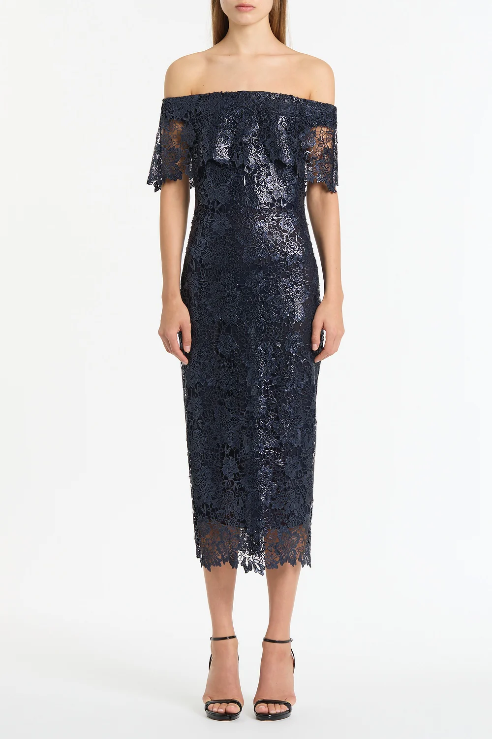 NAVY FOILED LACE OFF-SHOULDER DRESS