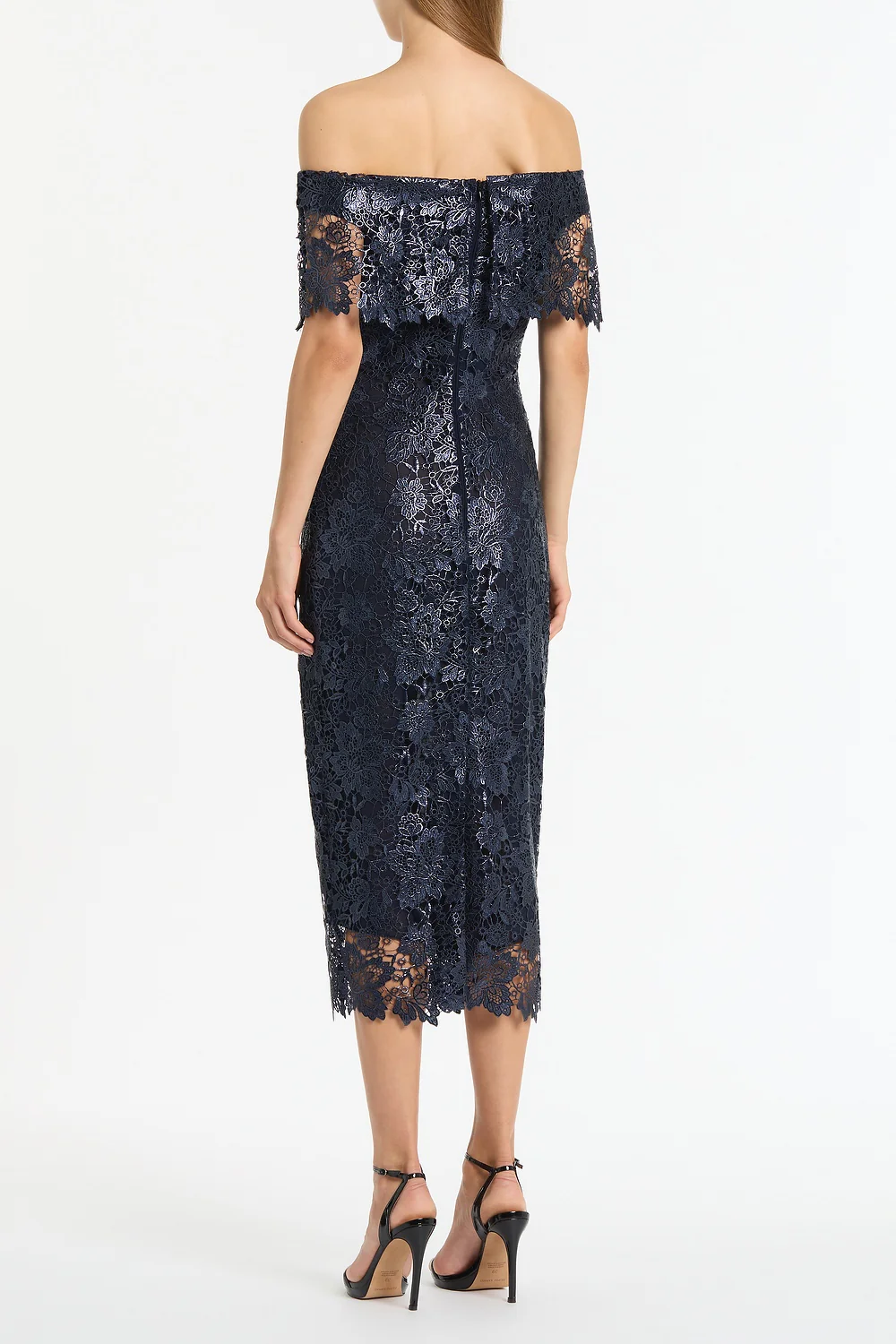 NAVY FOILED LACE OFF-SHOULDER DRESS - Image 2