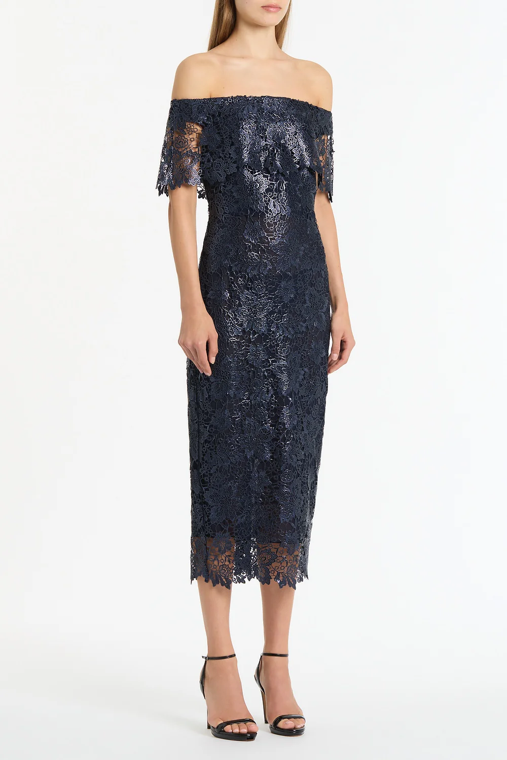 NAVY FOILED LACE OFF-SHOULDER DRESS - Image 3