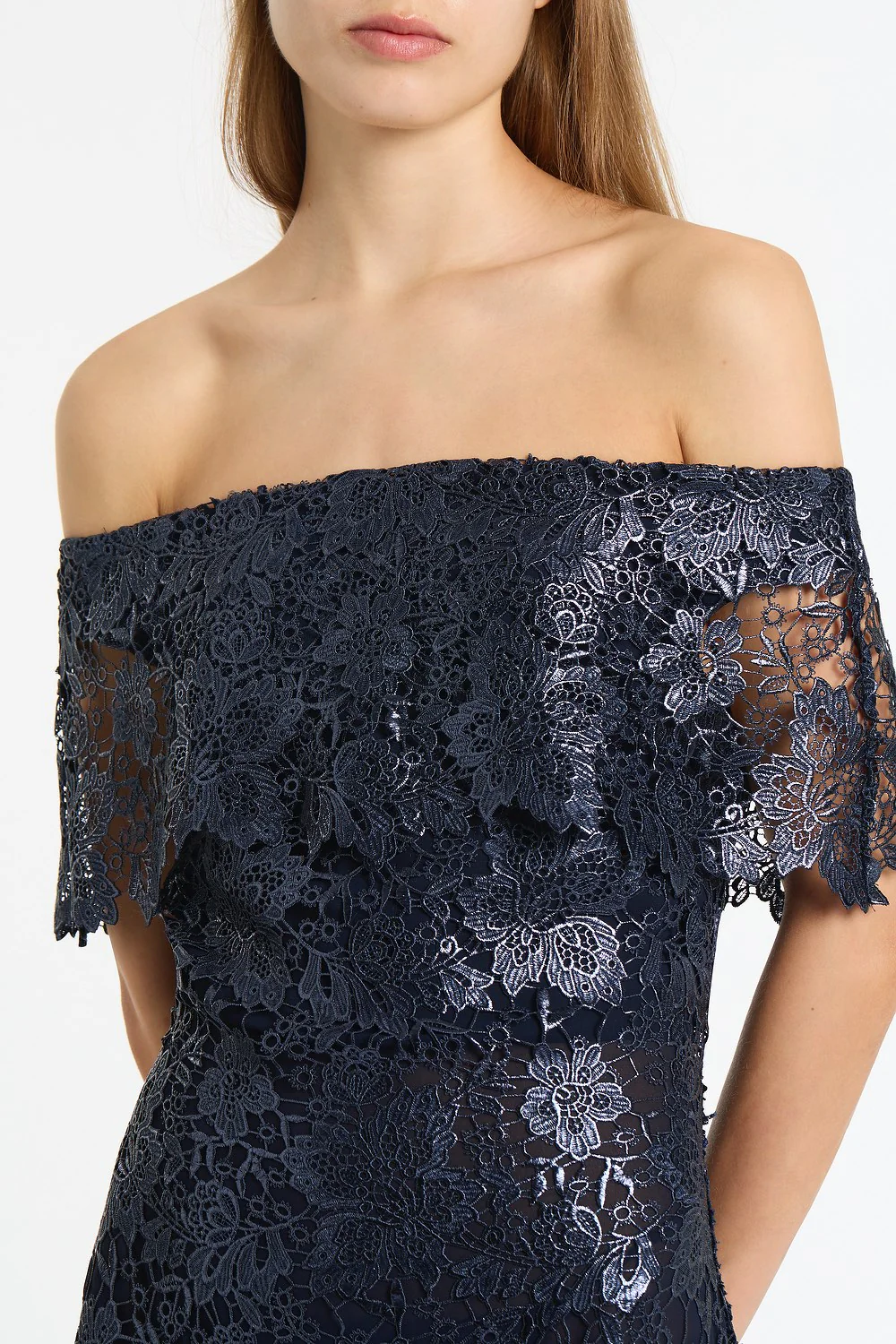 NAVY FOILED LACE OFF-SHOULDER DRESS - Image 4