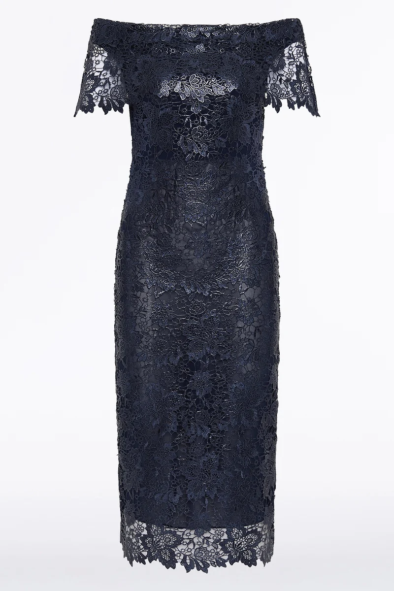 NAVY FOILED LACE OFF-SHOULDER DRESS - Image 6