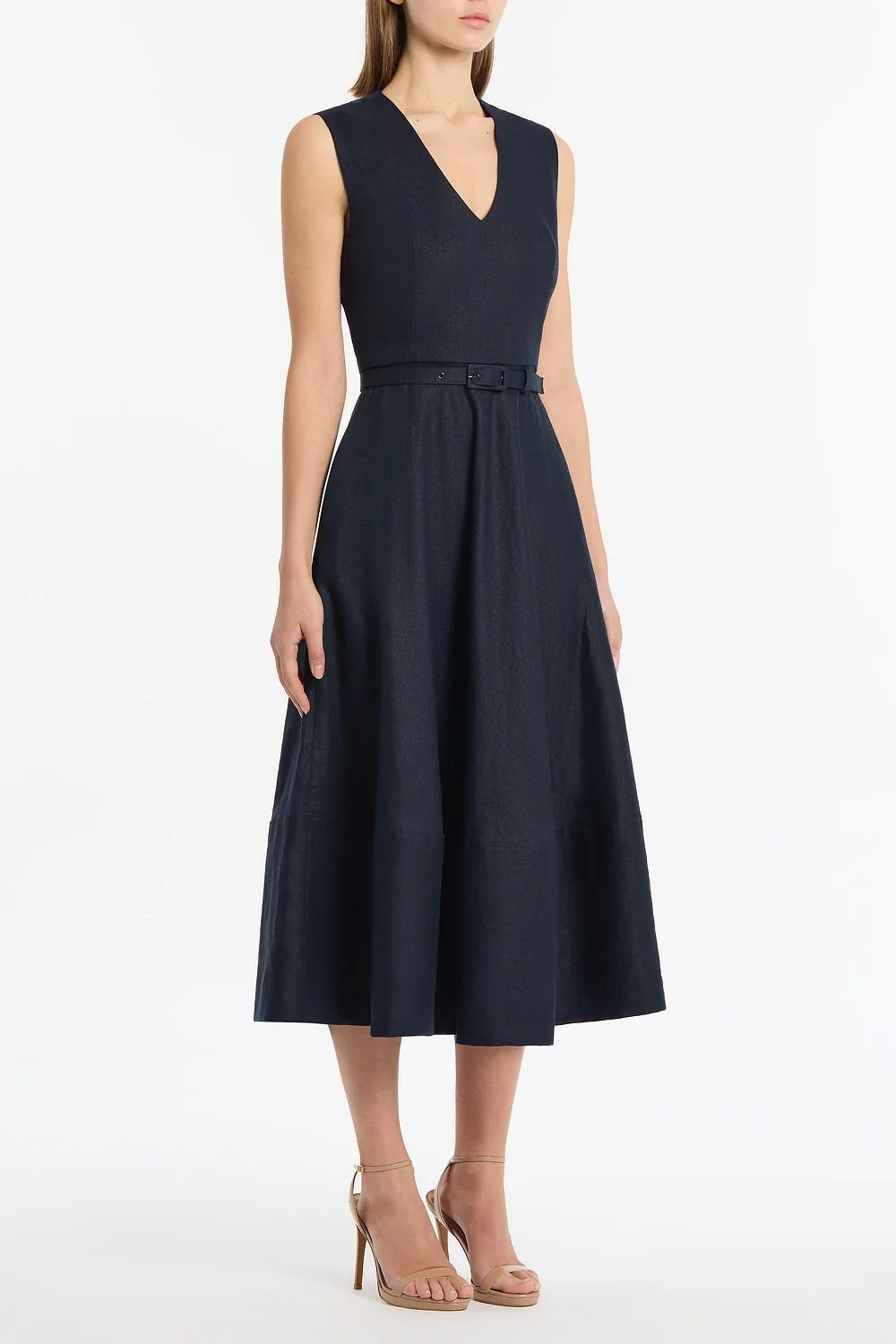 NAVY LINEN BELTED MIDI DRESS - Image 2