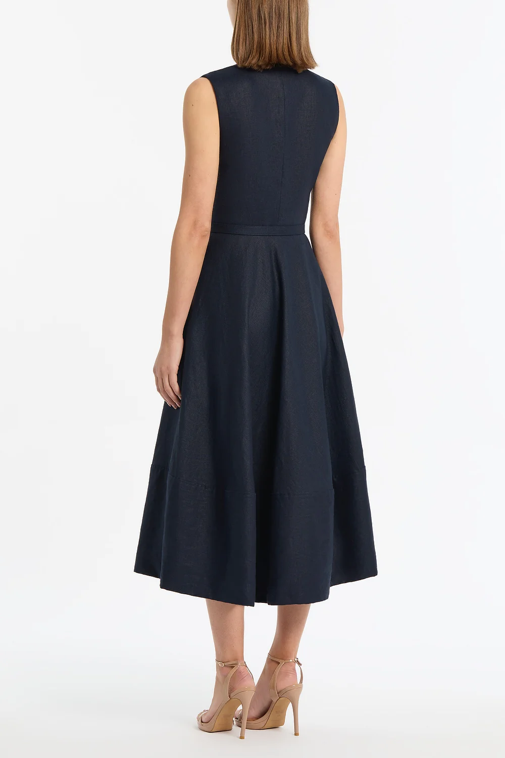 NAVY LINEN BELTED MIDI DRESS - Image 3