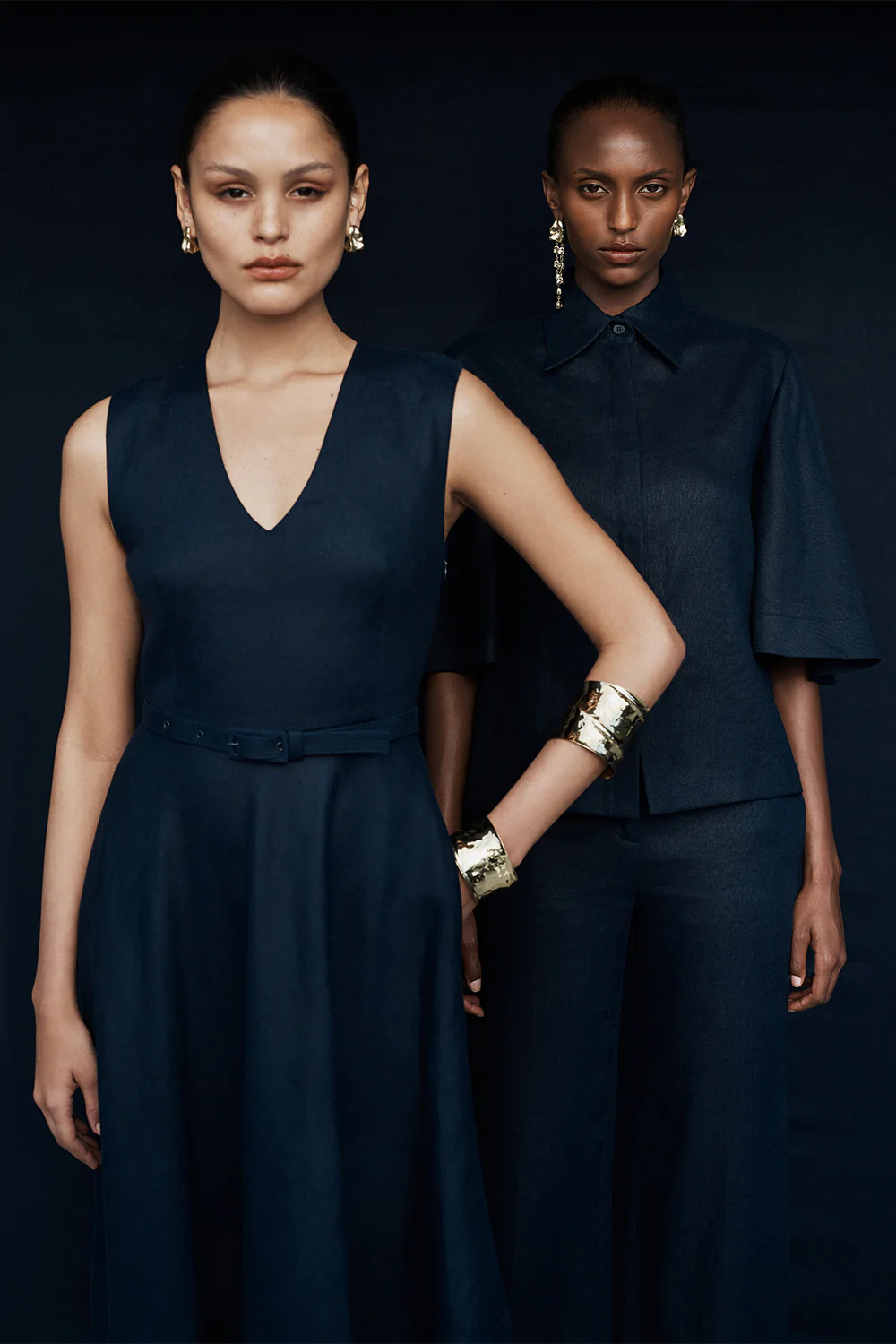 NAVY LINEN BELTED MIDI DRESS - Image 4
