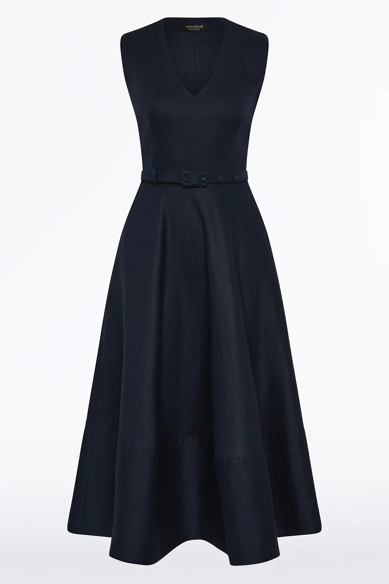NAVY LINEN BELTED MIDI DRESS - Image 5
