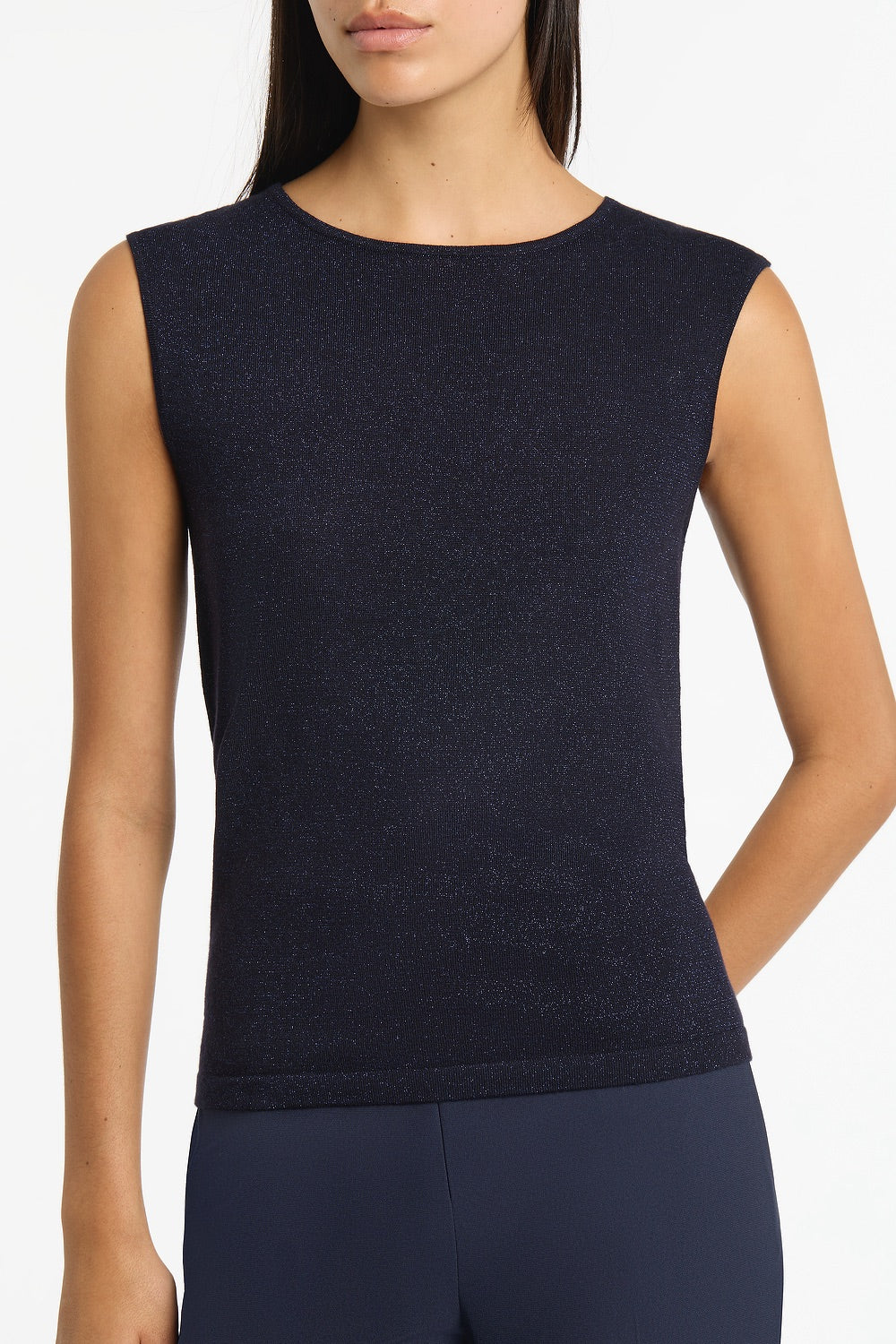 NAVY METALLIC KNIT CAP SLEEVE TOP - Image 4