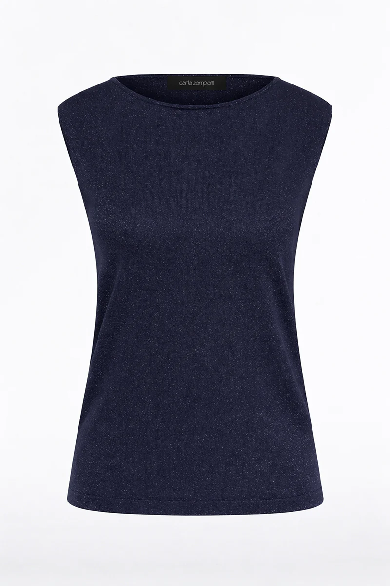 NAVY METALLIC KNIT CAP SLEEVE TOP - Image 5