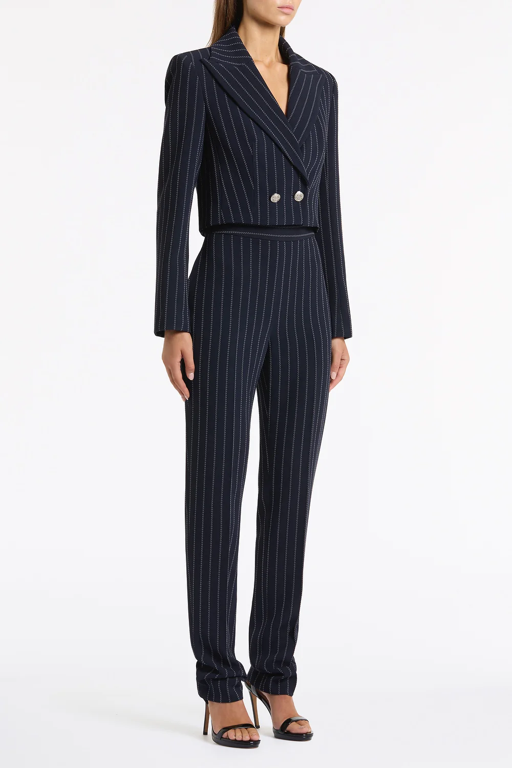 NAVY PINSTRIPE CROPPED JACKET - Image 2
