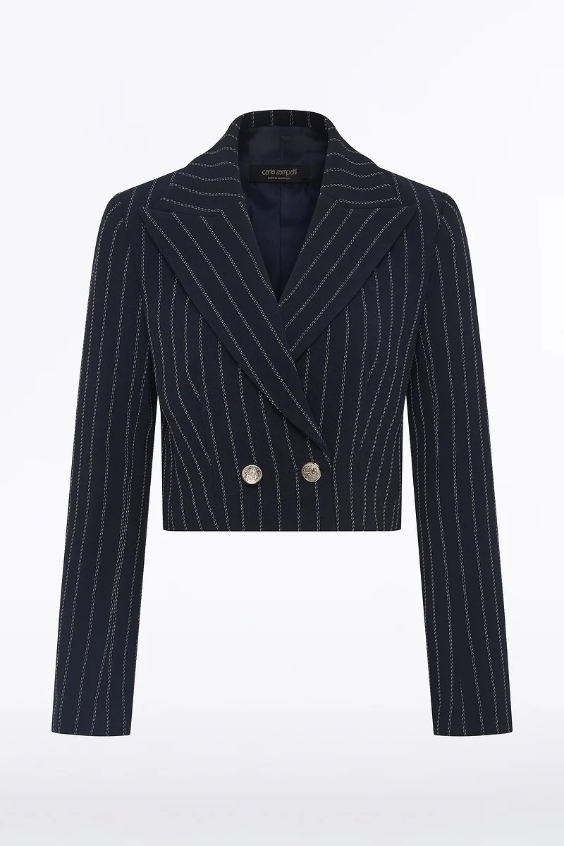 NAVY PINSTRIPE CROPPED JACKET - Image 4