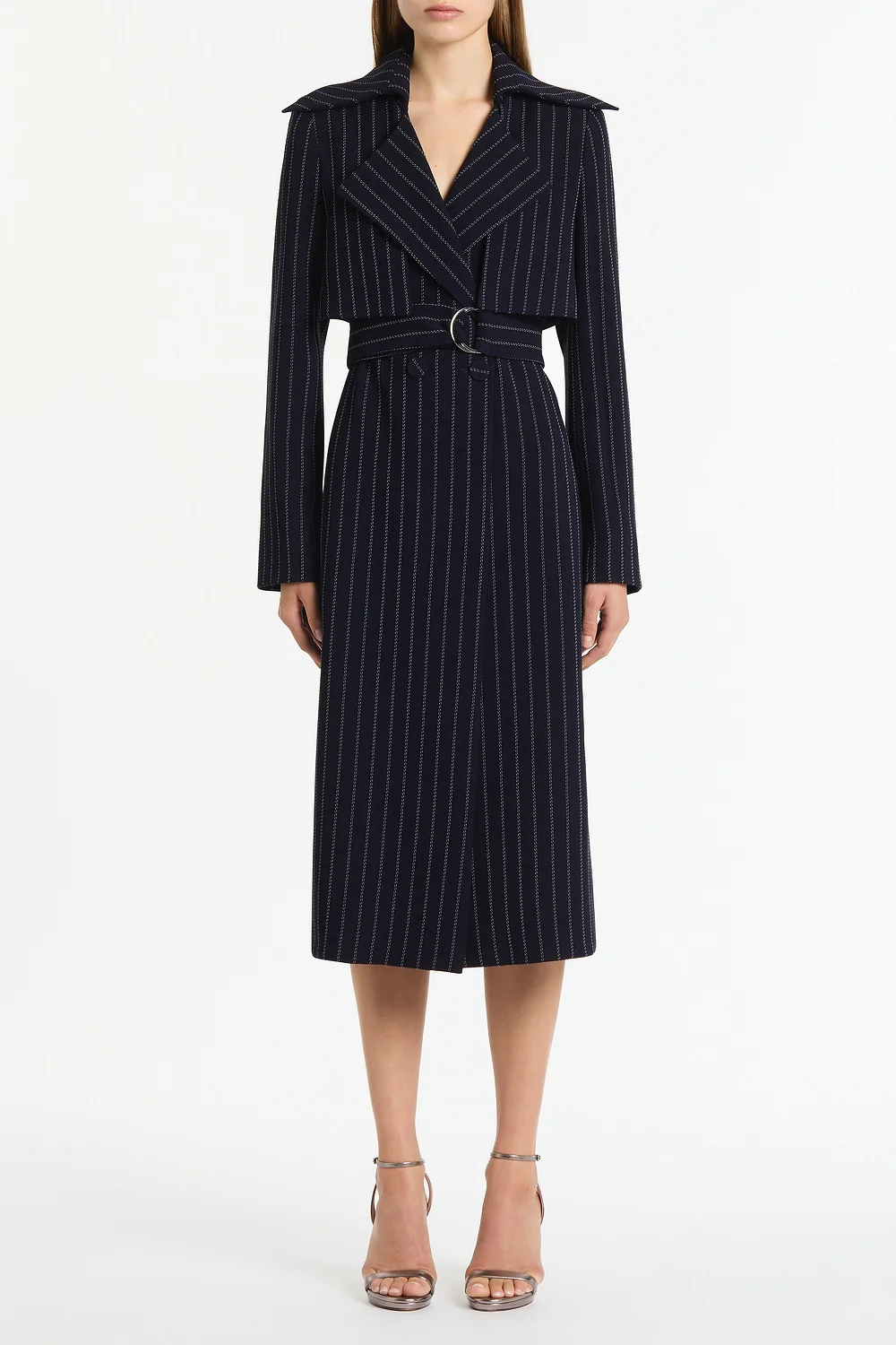 NAVY PINSTRIPE DOUBLE-BREASTED TRENCH COAT