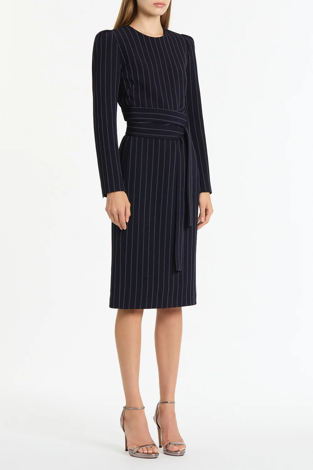 NAVY PINSTRIPE SPLIT SLEEVE MIDI DRESS - Image 3