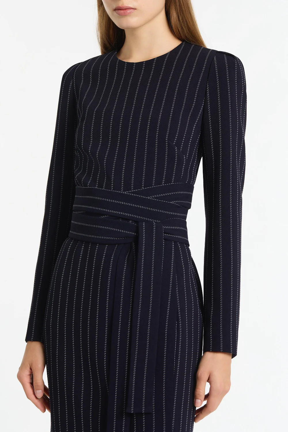 NAVY PINSTRIPE SPLIT SLEEVE MIDI DRESS - Image 4