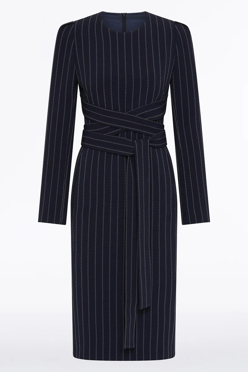 NAVY PINSTRIPE SPLIT SLEEVE MIDI DRESS - Image 6
