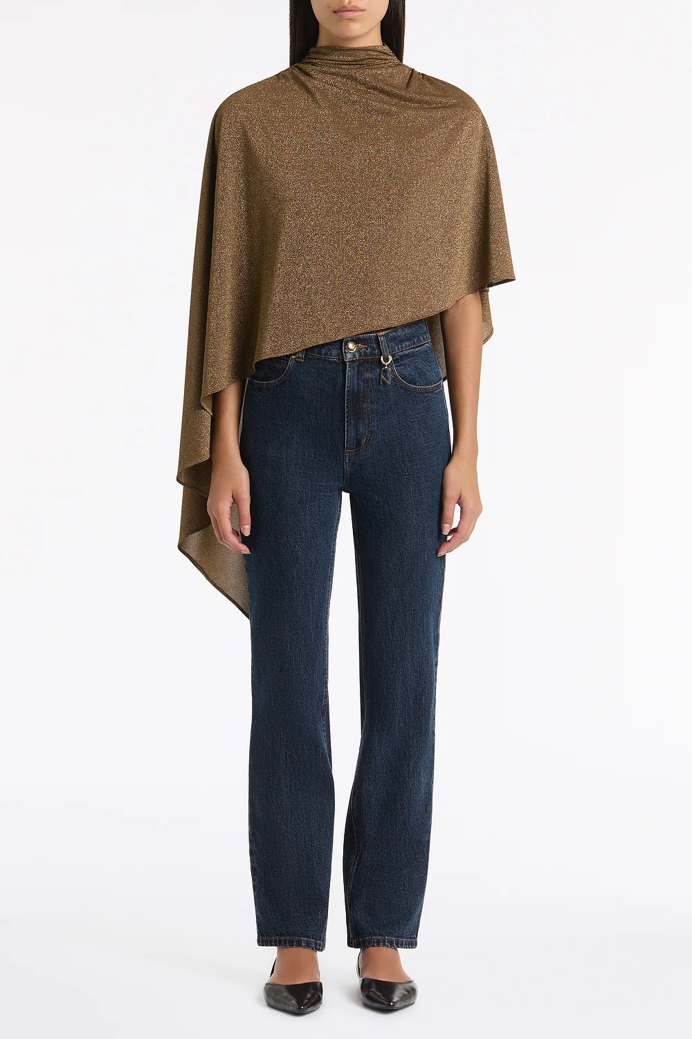 OLD GOLD LUREX KNIT ROUCHED NECK CAPE TOP