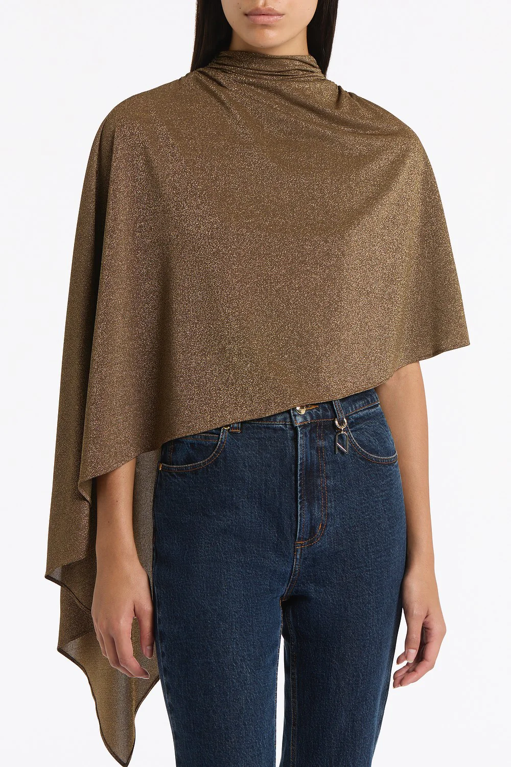 OLD GOLD LUREX KNIT ROUCHED NECK CAPE TOP - Image 4