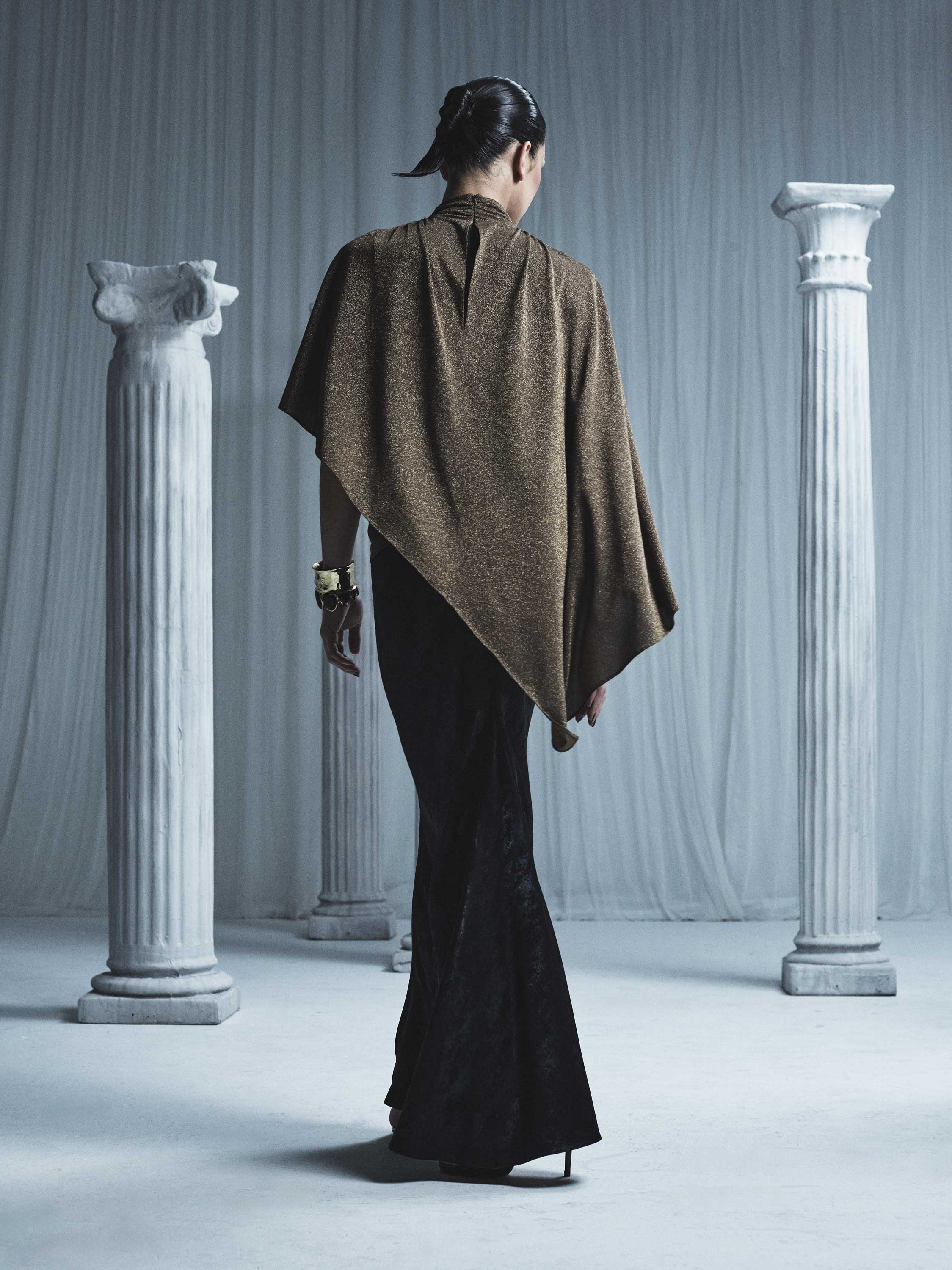 OLD GOLD LUREX KNIT ROUCHED NECK CAPE TOP - Image 5