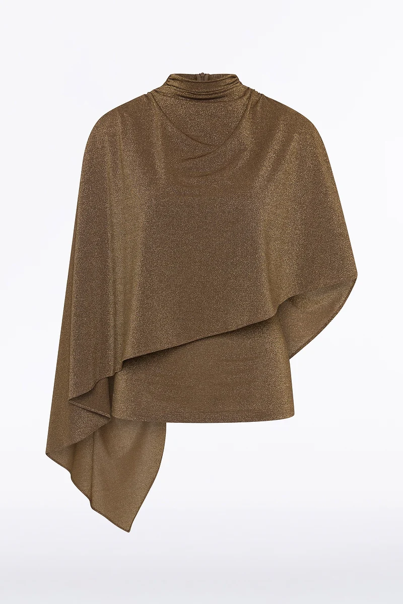 OLD GOLD LUREX KNIT ROUCHED NECK CAPE TOP - Image 6