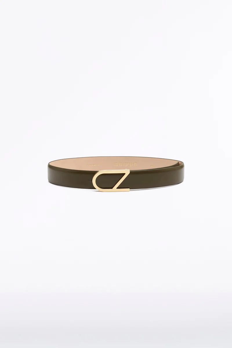 OLIVE LEATHER CZ LOGO BELT - Image 2