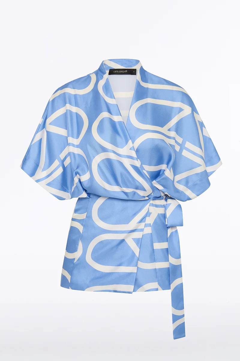 PACIFIC BLUE AND IVORY GRID SILK RELAXED WRAP TOP - Image 4