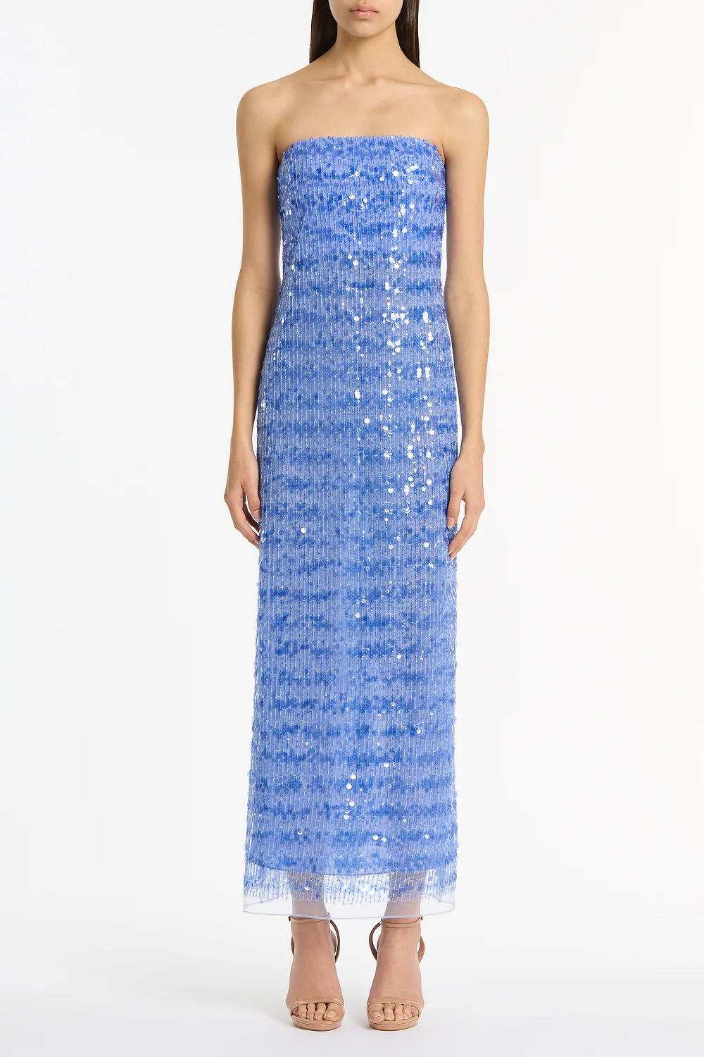 PACIFIC BLUE LINEAR SEQUIN STRAPLESS GOWN