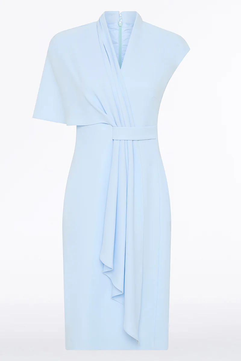 PALE BLUE CREPE ASYMMETRIC DRAPE DRESS - Image 6
