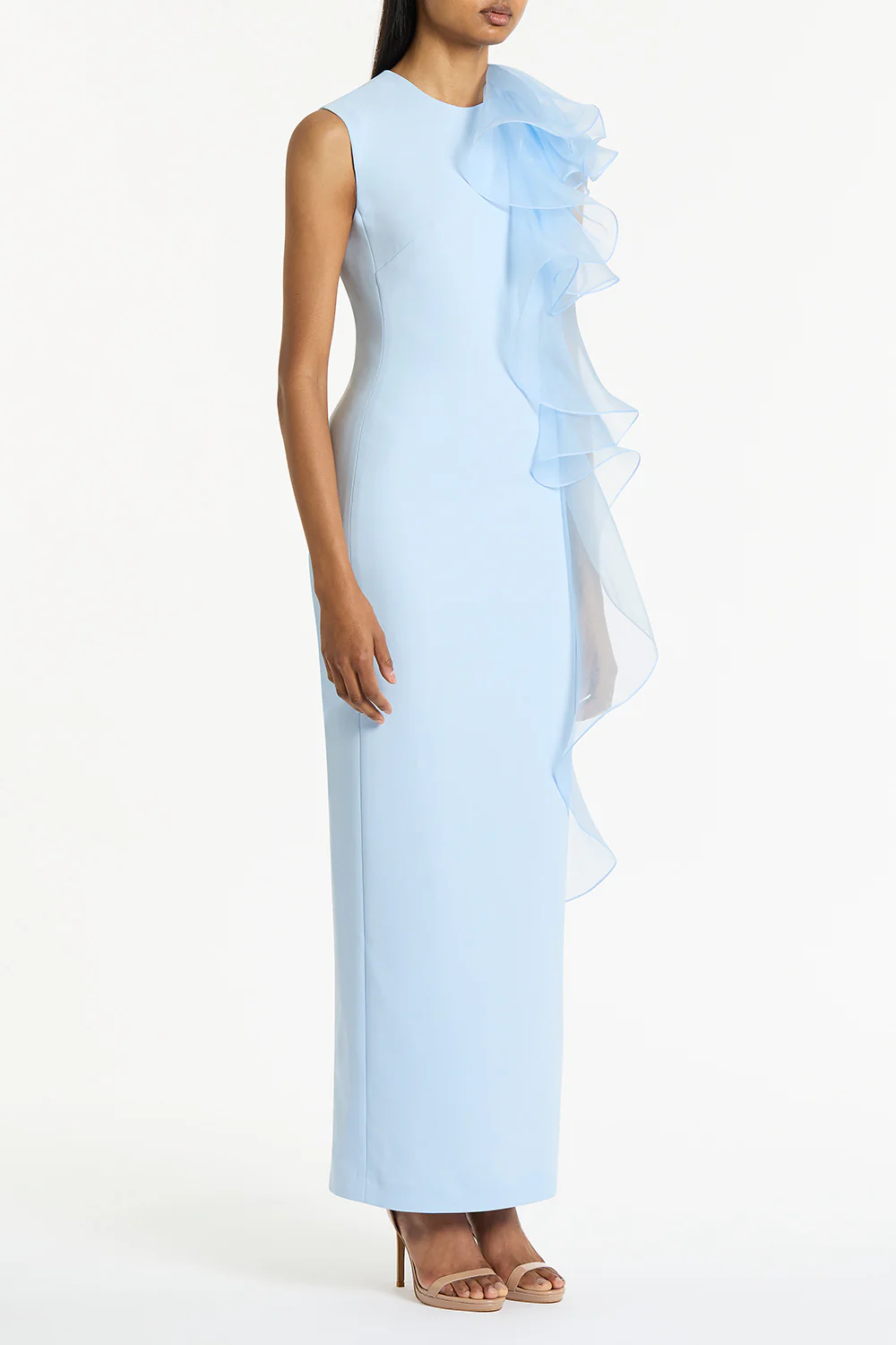 PALE BLUE CREPE RUFFLE SHOULDER GOWN - Image 3