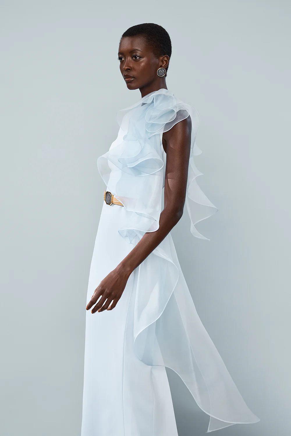 PALE BLUE CREPE RUFFLE SHOULDER GOWN - Image 5