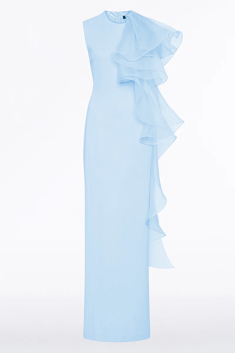 PALE BLUE CREPE RUFFLE SHOULDER GOWN - Image 6