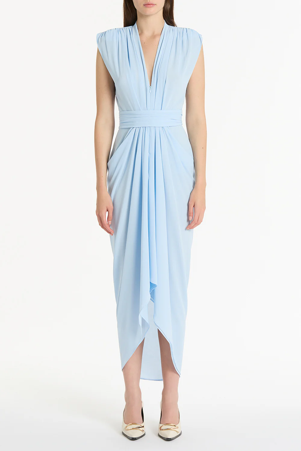 PALE BLUE GEORGETTE SLEEVELESS WATERFALL DRESS