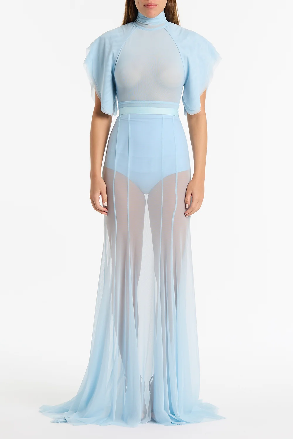 PALE BLUE PURA MESH PETAL SLEEVE BODYSUIT