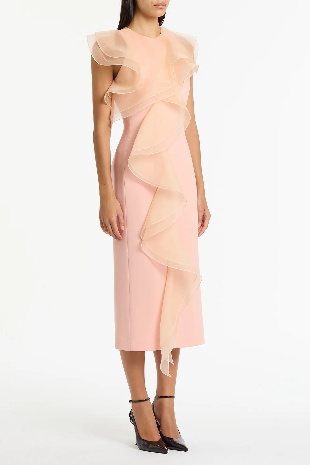 PALE ROSE CREPE RUFFLE FRONT MIDI DRESS - Image 2