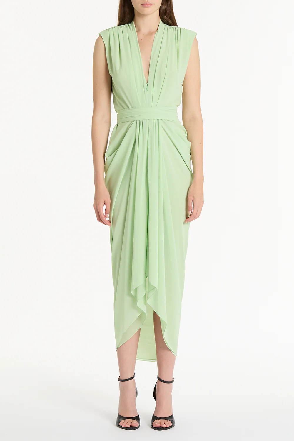 PERIDOT GEORGETTE SLEEVELESS WATERFALL DRESS