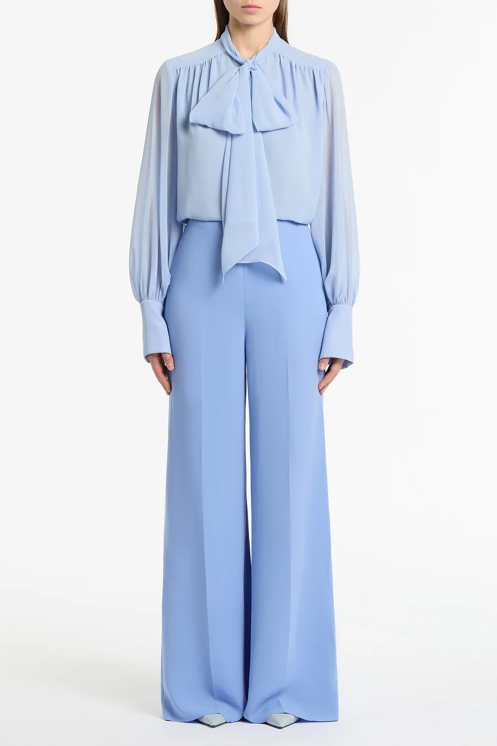 POWDER BLUE GEORGETTE BOW FRONT BLOUSE