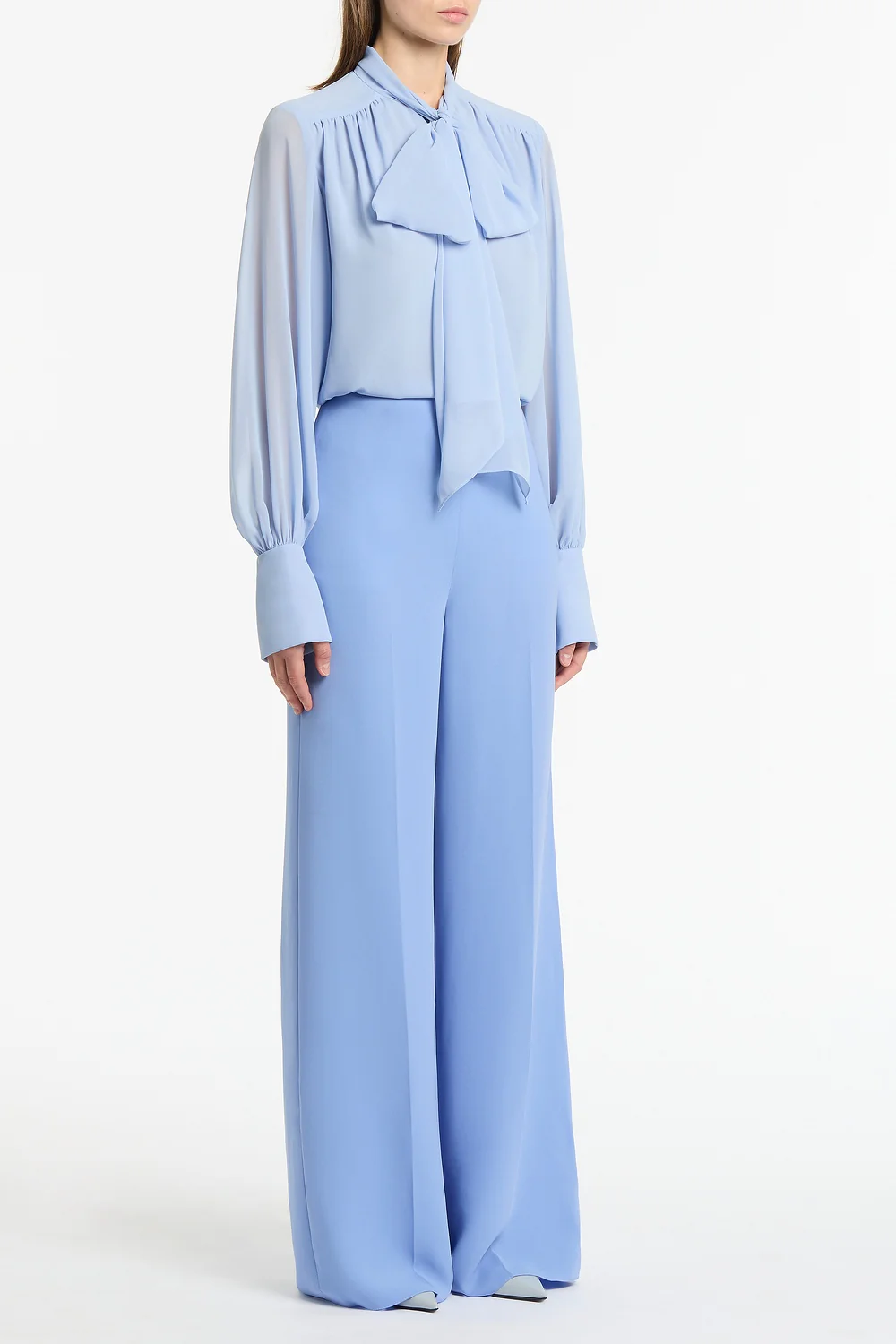 POWDER BLUE GEORGETTE BOW FRONT BLOUSE - Image 2