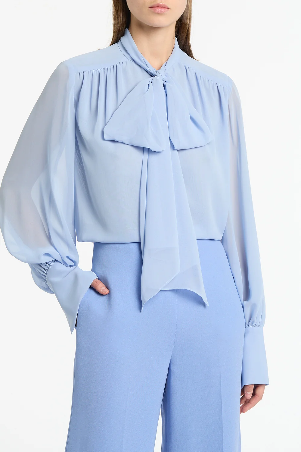 POWDER BLUE GEORGETTE BOW FRONT BLOUSE - Image 4