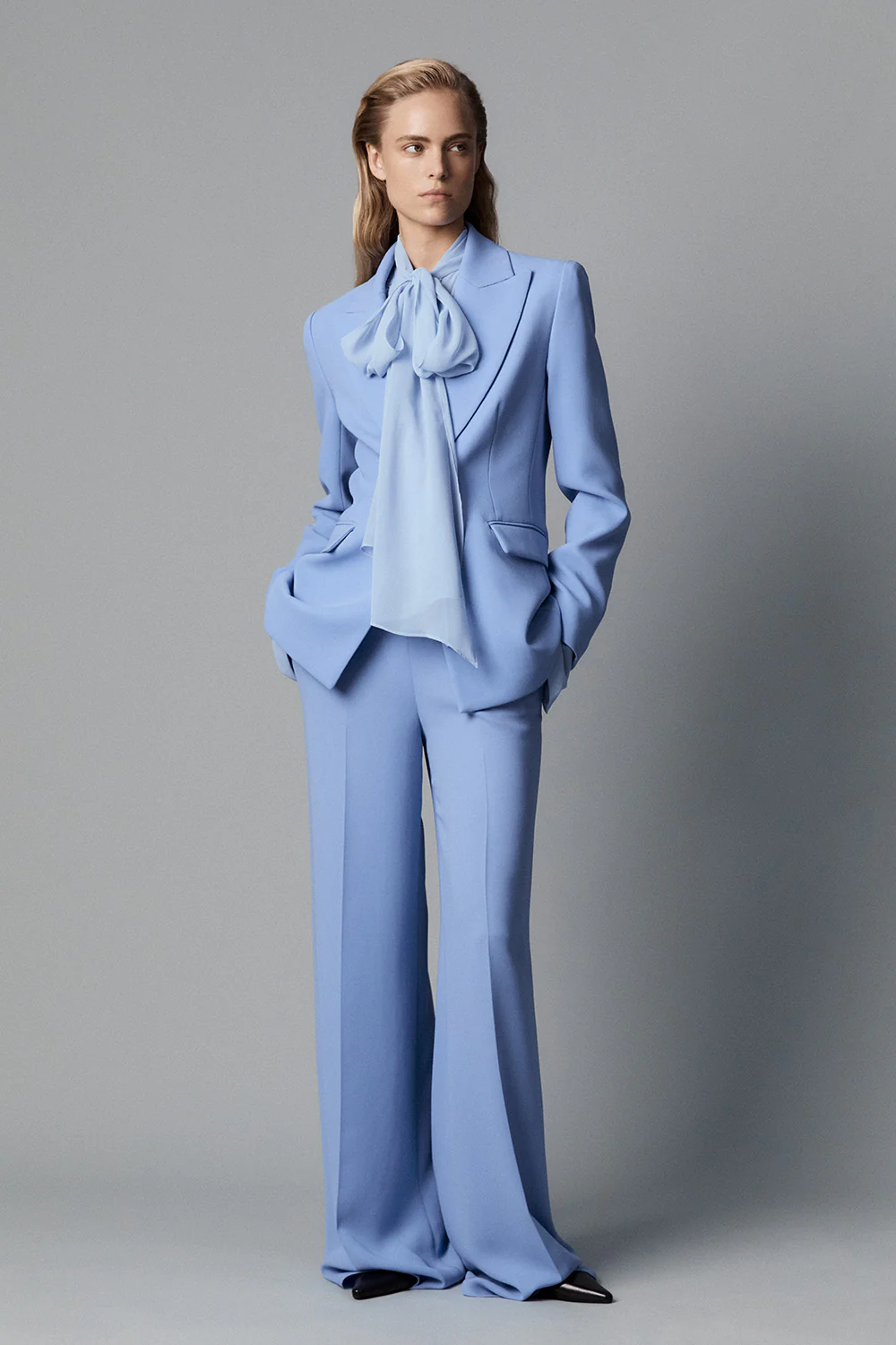 POWDER BLUE GEORGETTE BOW FRONT BLOUSE - Image 5