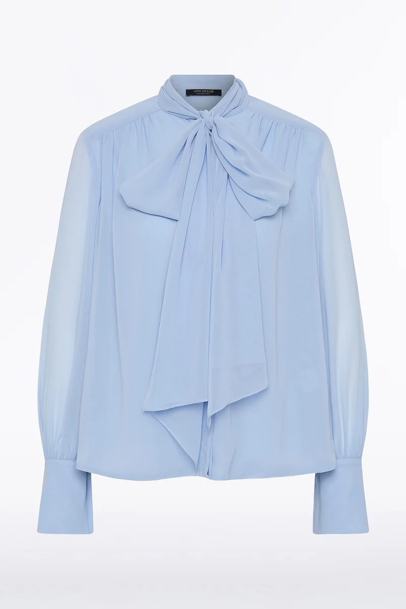 POWDER BLUE GEORGETTE BOW FRONT BLOUSE - Image 6