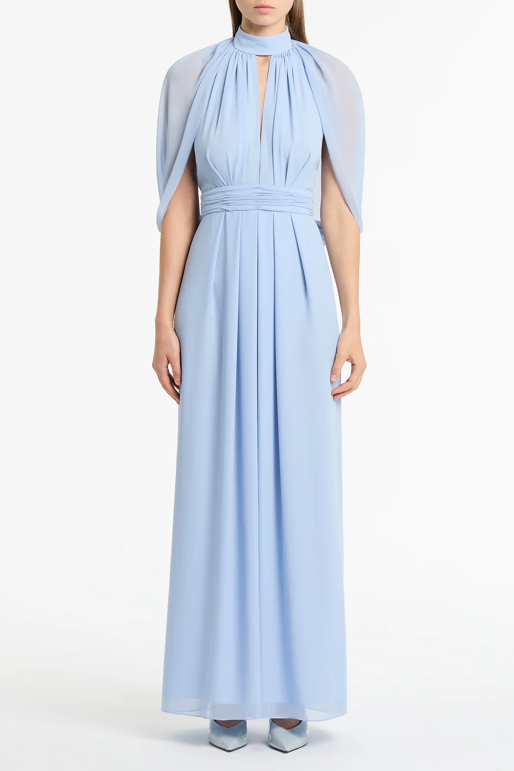POWDER BLUE GEORGETTE HALTER CAPE GOWN
