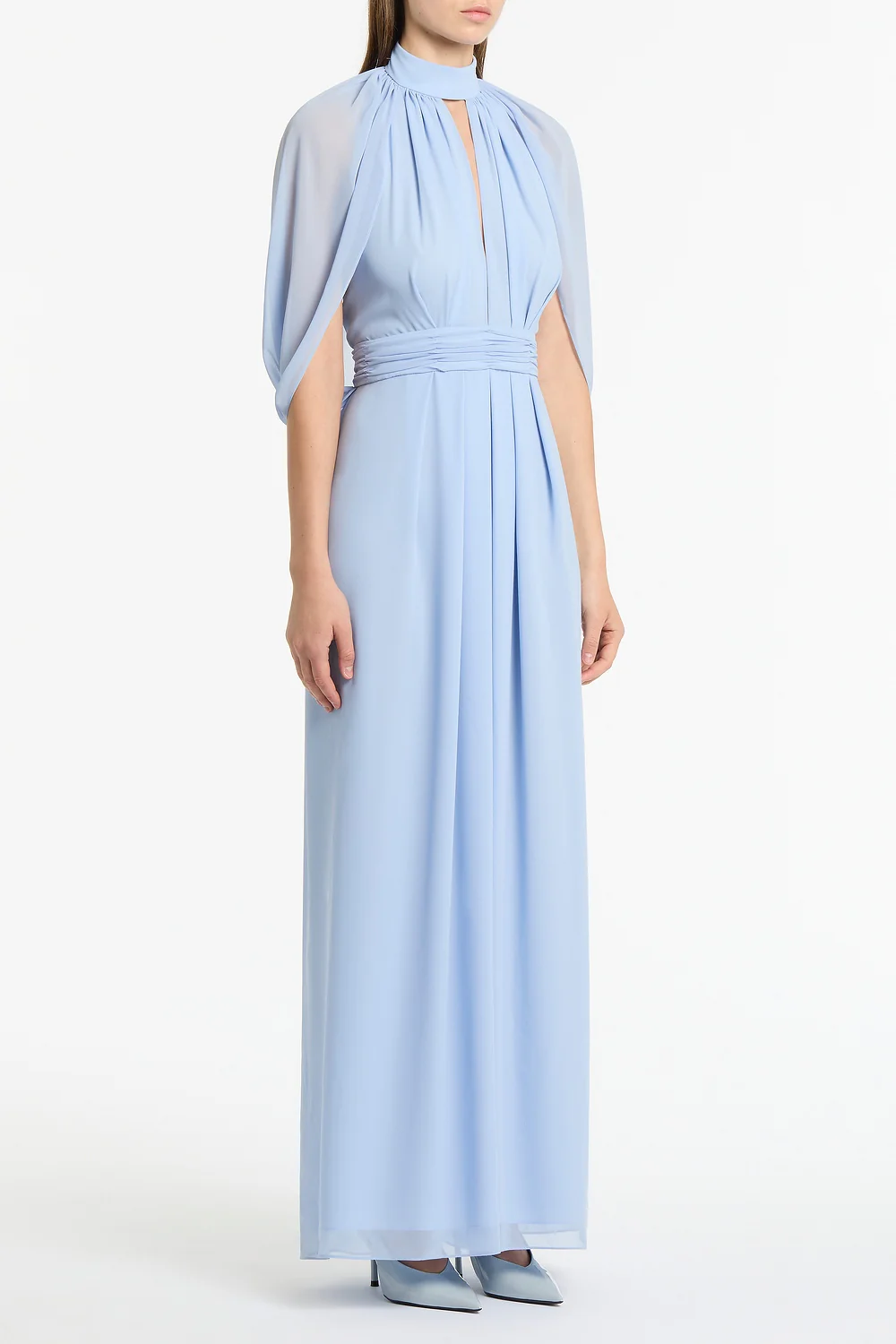 POWDER BLUE GEORGETTE HALTER CAPE GOWN - Image 2